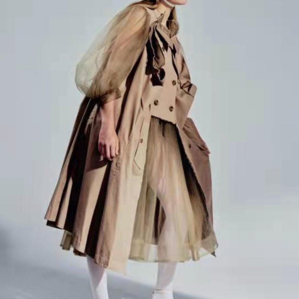 NWOT Tulle Trim Trench Coat | Khaki, Beige, Camel